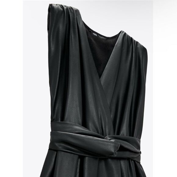 Zara Black Faux Leather Shoulder Pads Midi Dress Size Medium - Picture 3 of 6